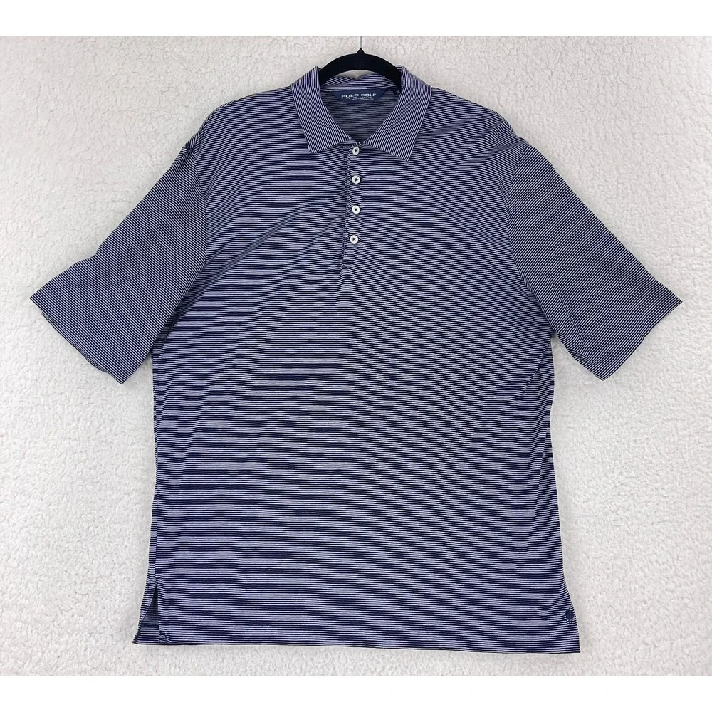 Ralph Lauren Blue White Stripe Golf Polo Shirt Mens Short Sleeve Size Medium